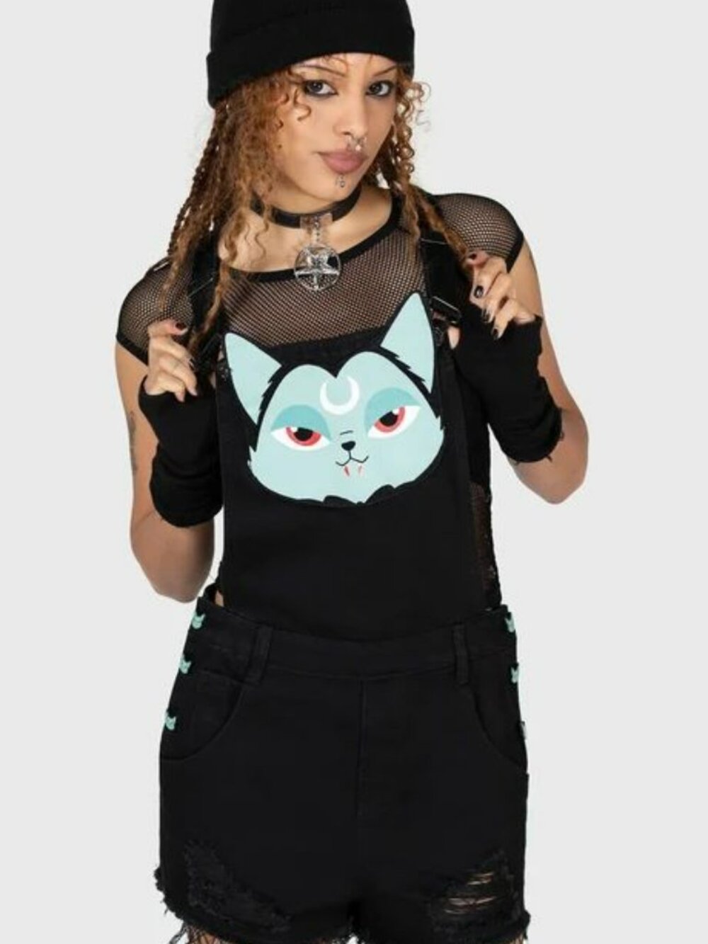 Killstar Lil Vampurr Denim Shorts Overalls w/ Vampire Cat Graphic Size XS Goth